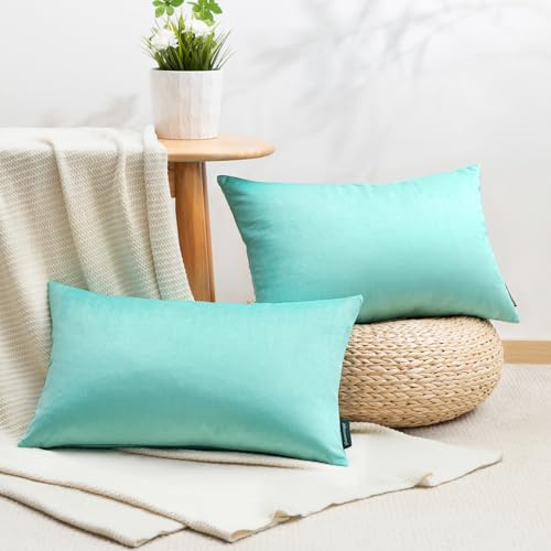 Phantoscope Pack of 2 Velvet Decorative Throw Decorative Pillow Cover Soft Solid Square Cushion Case for Couch Light Turquoise 12 x 20 inches 30 x 50 cm