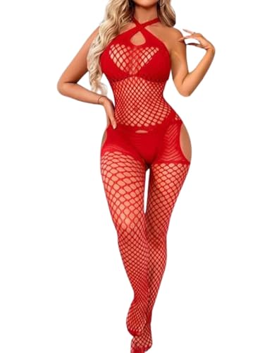 ROSVAJFY Lingerie Femme Bodystocking Maille Résille Élastique Transparente Catsuit Sexy avec Col Licou Croisé et Creux Combinaison Collants sans Manches Body...