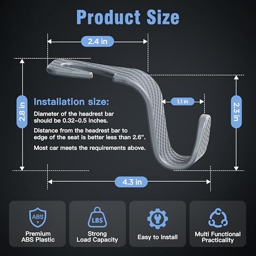 Image of 4-Pack Car Headrest Hooks Holds 55lbs Seat Storage Organizer for Bags | Durable ABS Material, 360 Rotating, Car Hanger for Backpack Umbrella Water Bottle Coat Handbags Groceries, Checkered Grey