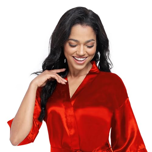 Image of Women's Short Satin Robes Lightweight Silky V-Neck Sleepwear Wedding Bridal Party Bride Bridesmaid Bathrobes