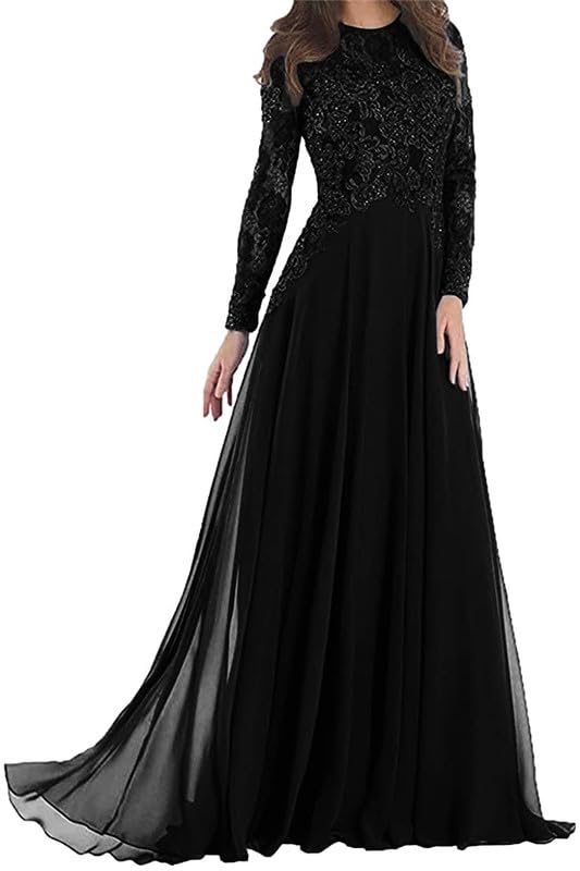 Lace Applique Mother of The Bride Dresses Chiffon Long Wedding Guests Gown Long Sleeve Formal Evening Dress