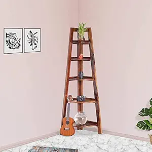 SB Furniture Sheesham Wood Corner Book Shelf with 5 Shelves corner shelf for living room Home office || Wooden Corner Ladder Shelf for Living Room || Decorative 5 Tier Ladder Bookcase Shelf for Home & Office || Brown Finish (5 Tier) || corner book shelf shelves || book shelf || book shelf for home || living room corner shelf || solid wood book shelf || ladder book shelf shelves