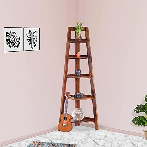 Image of Solid Sheesham Wooden Corner Bookshelf for Living Room Floor Standing Corner Book Shelf 5 Tier Ladder Cabinet Corner Shelf for Home Decor|Bookshelf for Home | Brown Finish