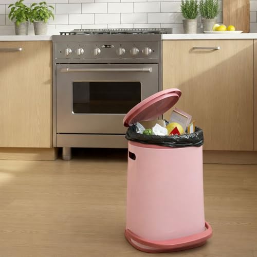 Image of Kriva Plastic Pedal Dustbin with Soft Close Lid | Compact Garbage Bin for Bathroom, Kitchen & Office | Modern Design Anti Slip Base Trash Can(Pink Lid & Base)