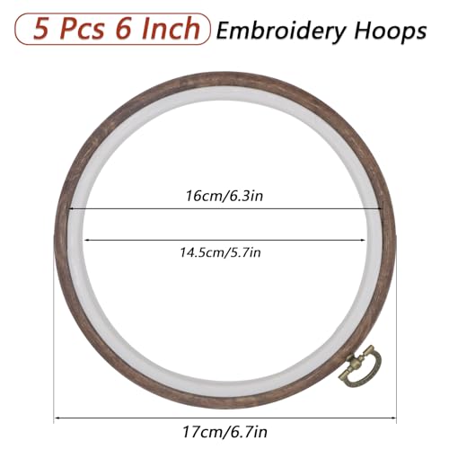 Joyangy 5 Pcs 6 Inch Embroidery Hoops, Round Imitated Wood Cross Stitch Hoop Rings for Art Craft Sewing, Circle Display Frame Kits for Embroidery Handy DIY Ornaments Decoration