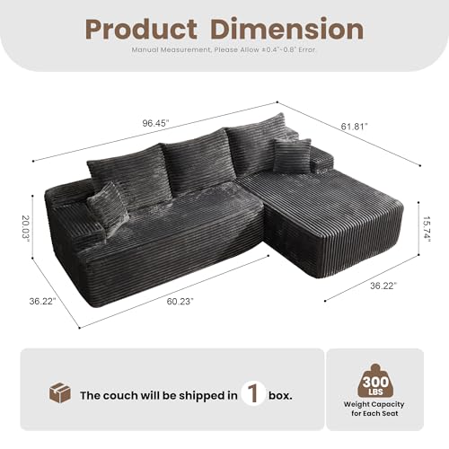 Image of HOOOWOOO Plush L Shaped Sectional Couch,97 inch Assembly Free Modern Minimalist Sofa,Boneless Corner Couch in A Box for Apartment Renting House Office(Right Chaise Gray)