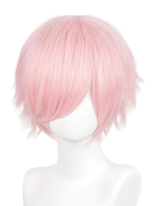 Image of LABEAUTE Unisex Short Light Pink Cosplay Wig Male Man Woman With Bangs Anime Fluffy Cosplay Hair Wigs for Party and Halloween for Gift + Free Cap