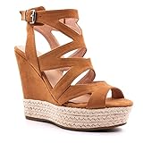  Angkorly - Chaussures Mode Sandales Mules Hauts Talons Plateforme Mariage cérémonie Femme Lanières croisées Corde avec de la Paille Talon Compensé Plateforme 13 CM - Camel 4 - L472 T 40