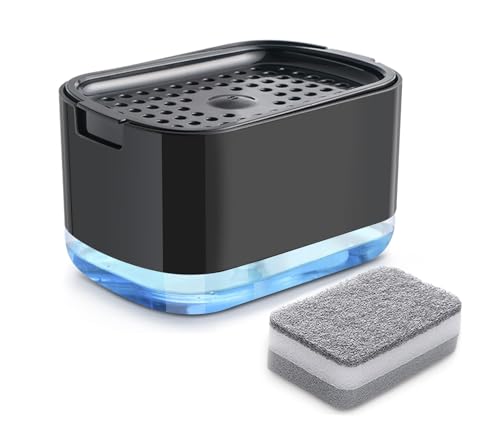 Soap Dispenser, 2 in 1 Soap Dispenser + Sponge Support, Sink Soap Dispenser, Liquid Soap Dispenser, Kitchen Detergent Press Box, Suitable for Families, Hotels, Kitchens, Bathrooms and Sinks (Black)