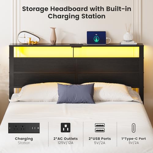 Image of Queen Size Bed Frame with LED Lights and Charging Station Headboard | Black Metal Platform Bed, Storage Shelf, USB+Type C, Noise Free, No Box Spring Needed, Easy Assembly