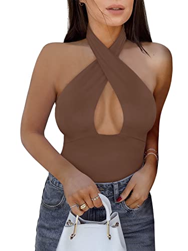 Image of REORIA Butsmooth Women's Trendy Sexy Casual V Neck Double Lined Sleeveless Slimming Going Out Tank Top Bodysuits