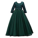 IWEMEK Flower Girls 3/4 Sleeve Lace Tulle Pageant Prom Ball Gown Kid Floor Length Bridesmaid Embroidered Wedding Party First Communion Princess Dress Puffy Dance Evening Long Maxi Dress Z Dark Green