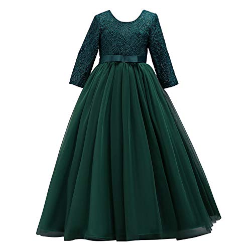 Flower Girl Dress Princess Pageant Long Lace Tulle Ball Gowns 3 4 Sleeves Wedding Bridesmaid Formal Party Dresses Little Baby Baptism Big Girl Communion Prom Maxi Dress for Kids Blackish Green 4-5Y