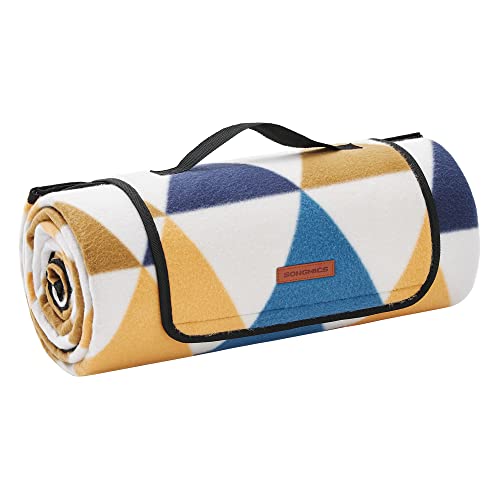 SONGMICS Manta de Picnic, 200 x 150 cm, Manta de Camping Grande, para Parque, Jardín, Exterior, Playa, Impermeable, Plegable, Motivo Ariangular Amarillo y Azul GCM07S