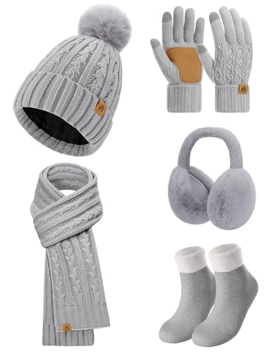 Niwicee Gorro Bufanda y Guantes Invierno Mujer Set 5PCS, Gorro Invierno Bufanda Larga Guantes con Pantalla Táctil Orejeras de Felpa Térmicos Conjunto de Calcetines Regalo para Mujer (Gris claro)