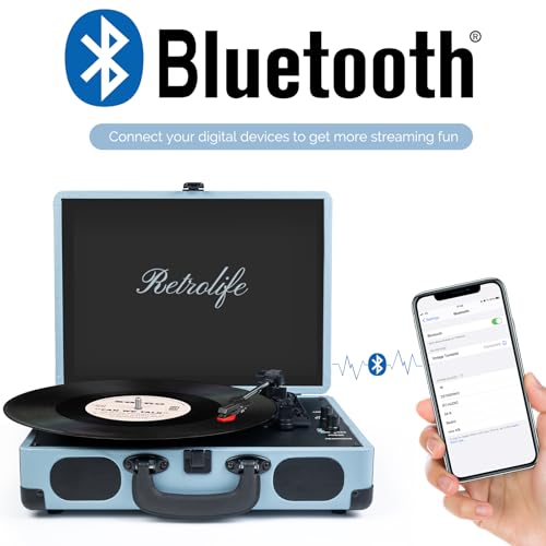 Image of Vinyl Record Player 3-Speed Bluetooth Suitcase Portable Belt-Driven Record Player with Built-in Speakers RCA Line Out AUX in Headphone Jack Vintage Turntable Haze Blue