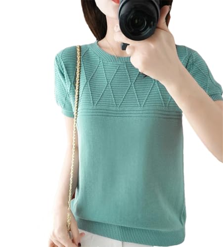 T-Shirt d'Été pour Femmes Col Rond Manches Courtes Haut Ample Coton Tricoté