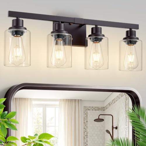 Image of Oil Rubbed Bronze Vanity Lights for Bathroom,4-Light 24 inch | Bathroom Light Fixtures,Modern Bronze Bathroom Lighting over Mirror,Clear Glass Shades,over Sink
