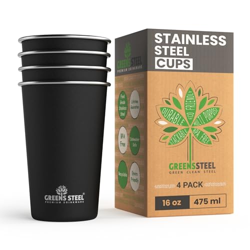 Stainless Steel Cups - 16 oz Pint Tumbler (4 Pack) - Premium Metal Drinking Glasses | Stackable...