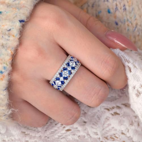 SHELOVES White CZ and Blue Created Sapphire Wide Wedding Bands for Women Elegant White Gold Baguette Rings 5-103