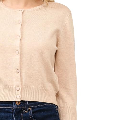 Image of Women's Cropped Cardigan 3 /4 Sleeve Crewneck Button Up Sweater Knit Top (S~XL)