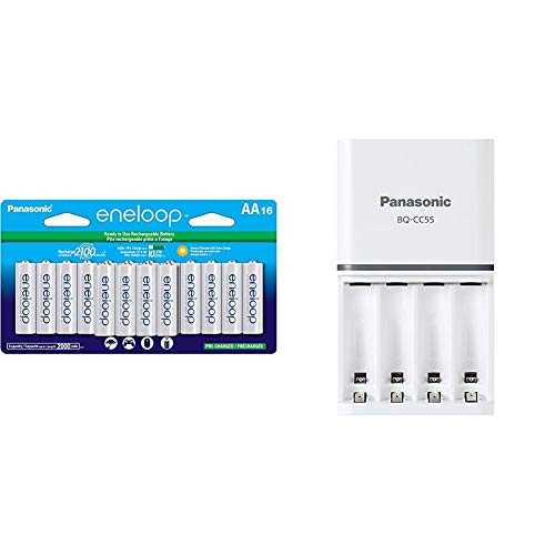 Panasonic BK-3MCCA16FA eneloop AA 2100 Cycle Ni-MH Pre-Charged Rechargeable Batteries & BQ-CC55SBA Advanced eneloop Individual Battery 3 Hour Quick Charger with 4 LED Charge Indicator Lights, White