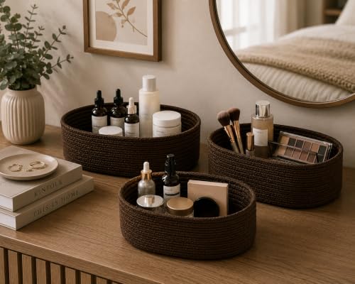 Image of 100% Natural Jute small box mini rope paper storage Round hamper baby nursery tray bucket for Living Kitchen, Drawing Room,fruits, kitchen, office, (brown 3 set)