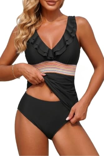 Image of Yonique Womens Two Piece Swimsuits - Ruffle Flounce Tankini Tummy Control Bathing Suits V Neck Swimwear