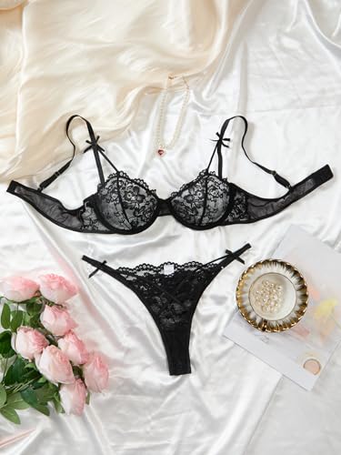 Image of Lilosy Sexy Underwire Cute Push Up Strappy Embroidered Mesh Sheer Lingerie Set See Through Panty Bra