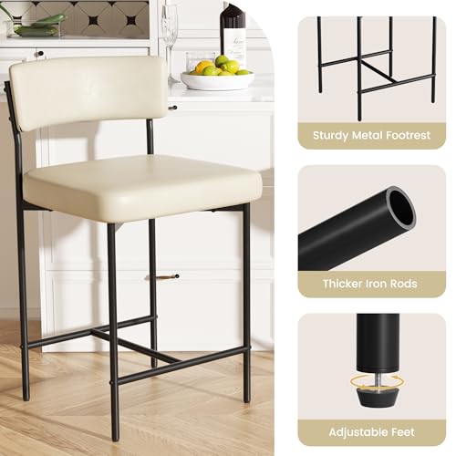 Image of Bar Stools Set of 4, Faux Leather Counter Height Barstools with Curved Back, 25 Inch Upholstered Bar Chairs, Modern Counter Stools for Kitchen lsland, Beige