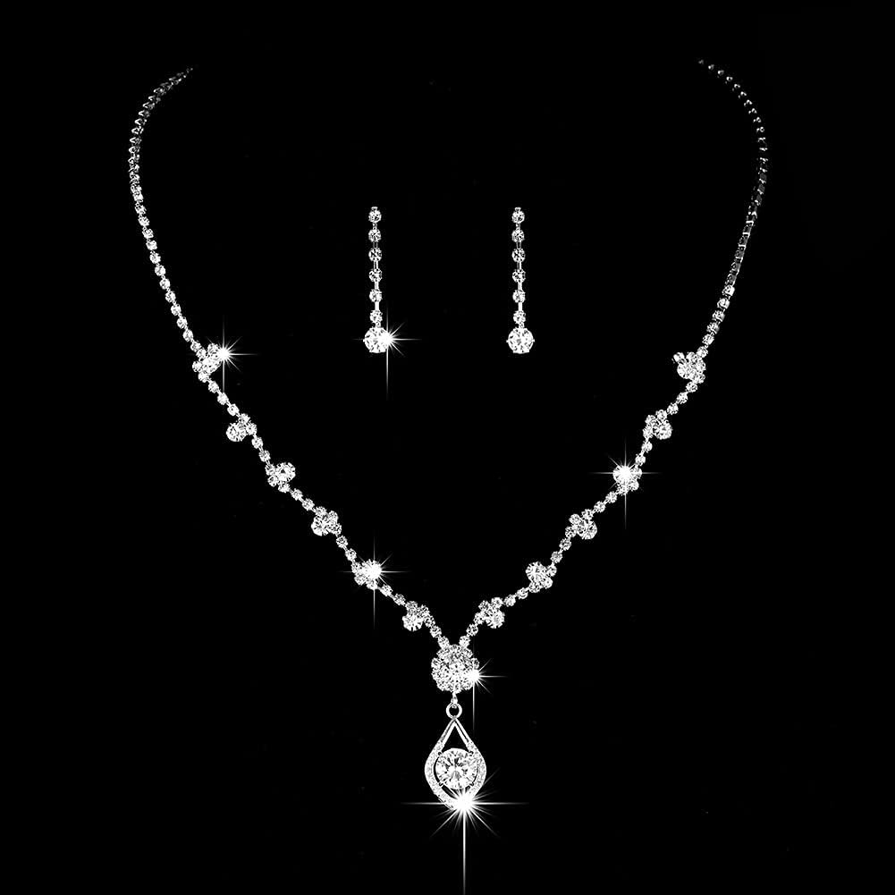 Wedity Bride Wedding Flower Sun Crystal Necklace Earrings Set Choker Necklaces Wedding Silver Rhinestone Pendant Jewelry for Women and Girls