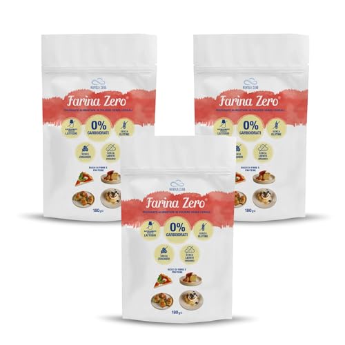Nuvola Zero – Farina Zero Sin Gluten, para Pasta, Pizzas, Pasteles, Pan Sin Gluten, Harina Proteica Sin Carbohidratos, Sin Lactosa y Sin Azúcares. Paquete de 3 piezas, 180g, Made In Italy.
