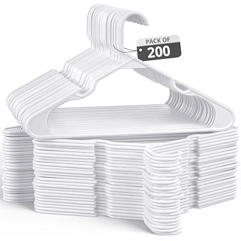 Our Modern Space 200 Pack Plastic Hanger for Shirt Pants Coats Dresses Skirts Suits Jackets - Standard Thick Coat Hanger - Sturdy & Durable Design with Shoulder Grooves Hook - White Cover