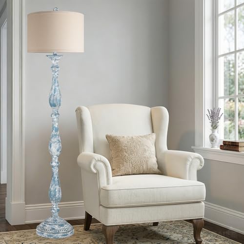 PARTPHONER Vintage Floor Lamp for Living Room Rustic Farmhouse Standing Lamp with Rotary Switch and Linen Shade Retro Resin Floor Lamp for Bedroom Corner Dining Room House Decor Wash Blue