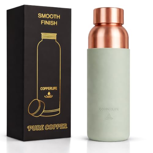 Pure Copper Water Bottle | Handcrafted, Leak-Proof, Eco-Friendly, Health-Boosting Bottle with Silicon Grip | Stylish, Reusable, Perfect for Hydration & Wellness | 34 Ounces (Sage Green Silicon Grip)