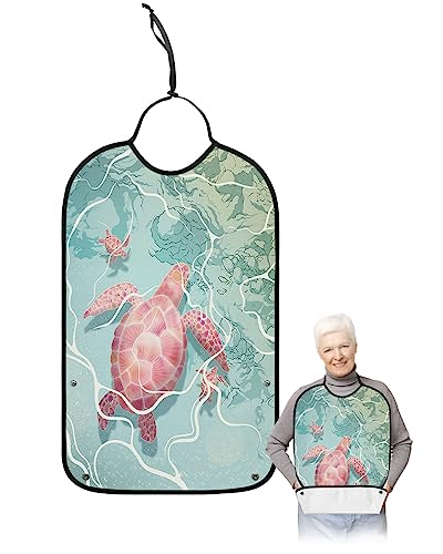 LEOKOTI Underwater World Animals Adult Bibs for Eating, Waterproof Bibs with Food Catcher & Adjustable Snap Closure, Ocean Pink Turtle Washable Clothing Protectors Adult Bibs for Elderly Women/Men