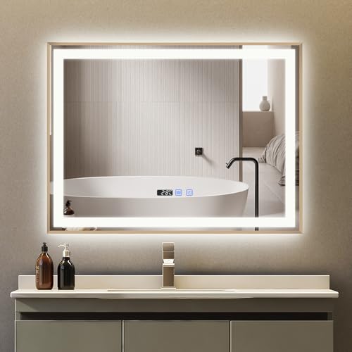 YU YUSING Espejo Baño con Luz LED Regulable, 80x60cm, Espejo de Pared 3 Colores, Marco Metal, Espejos de Baño con Interruptor Táctil, Antivaho, Visualización Tiempo, IP44, Horizontal, Dorado