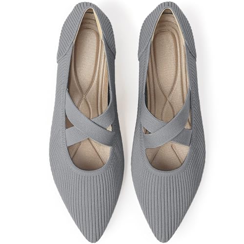 Image of TINGRISE Womens Mary Jane Flats Knit Ballet Flats for Women Pointed Toe Dressy Comfortable Slip-On Flats Shoes for Work Casual
