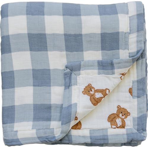 Image of Mebie Baby Muslin Quilt, Dusty Blue Gingham Teddy Bear, 100% Cotton Baby Blanket for Girls & Boys, Newborns to Toddler, Soft Swaddle Blanket, 47 inchx47 inch