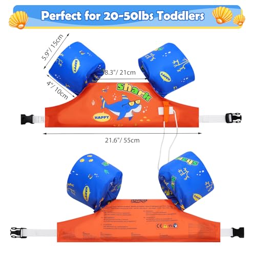 Miniatura 3 de Moko Manguitos De Natación Para Niños, Chaleco Sin Inflación Con Dibujo Animado Para Aprender Nadar, Brazaletes Hinchables Para Piscina Playa Parque Acuático Natación, Tiburones Naranja Azul
