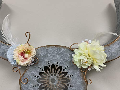 Diecut Galvanized Metal Floral Cow Skull Wall Decor，Faux Southwestern Cow Head Wall Sculpture, Rustic Farmhouse Decoration, 17.9" X 19.3"H #TOP3