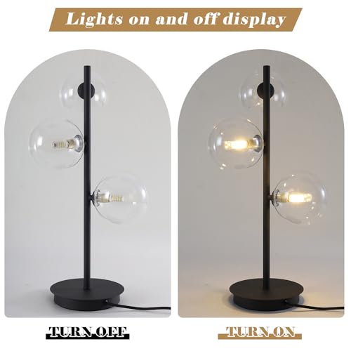 Image of 3-Light Black Table Lamp, Mid Century Nightstand Lamp with Clear Glass Globe Shade, Contemporary Bedside Lamp for Bedroom Living Room Study Room