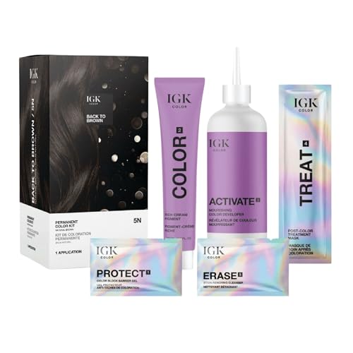 IGK Permanent Hair Color Kit | 5N Back To Brown Natural Brown | Salon-Quality Permanent Hair Dye | 100% Gray Hair Coverage | Ammonia-Free Color for Shinier, Softer Hair