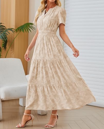 Image of Women's Maxi Dresses Boho Burnout V Neck Short Puff Sleeve Smocked Empire Waist Long Wedding Guest Semi Formal Dress Pockets