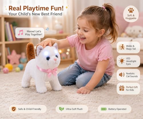 Image of Interactive Walking Cat Toy Battery Operated LED Eyes Meowing Plush Cat Moving Tail Soft Stuffed Animal Toy for Kids Boys Girls Educational Fun Pet Toy