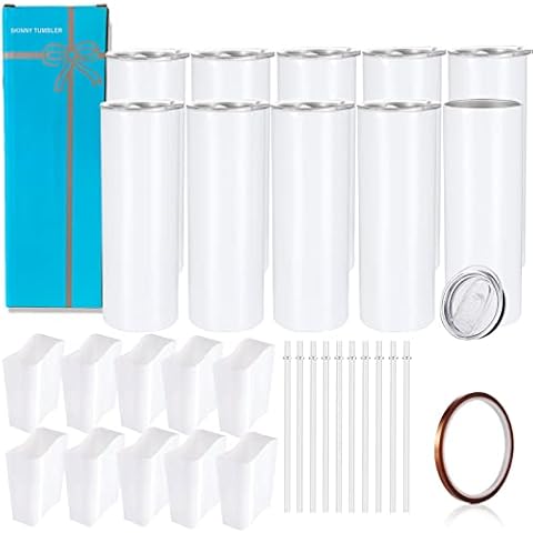 YOUKE OLA 10 Pack Sublimation Tumblers Bulk Straight Skinny Tumbler Blanks 20oz for Heat Transfer, Individual Gift Boxed, Double Wall Insulated Tumbler with Shrink Wrap Films & Heat Tape & Straws Cover
