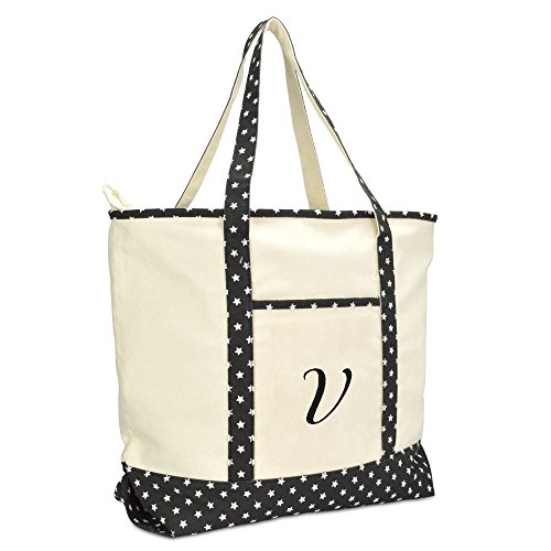 DALIX Personalized Shopping Tote Bag Monogram Black Star Initial Zippered Letter A-Z
