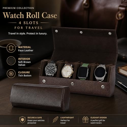 Image of essart Premium 4 Watch Roll Organizer - Leather Travel Watch Case with Soft Velvet Interior, Secure Button Closure, Luxury Watch Storage