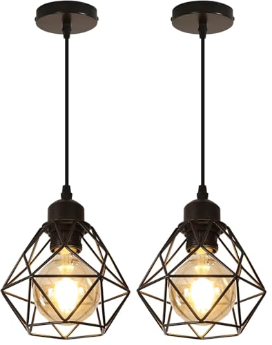 Comely Luz colgante de la industria E27 Vintage lámpara colgante lámpara de techo de metal ajustable en altura para el comedor cocina sala de estar - Negro (Paquete de 2)