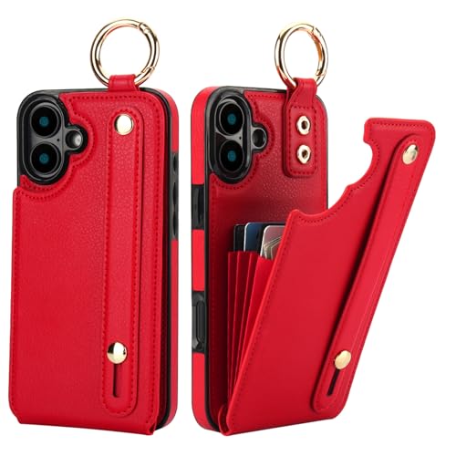 Folosu for iPhone 16 Plus Wallet Case with Card Holder, Hand Wrist Strap Loop Holder Kickstand, RFID Blocking Finger Grip Ring PU Leather Double Buttons Shockproof Cover 6.7" Red by Folosu - Used condition - US$12.06